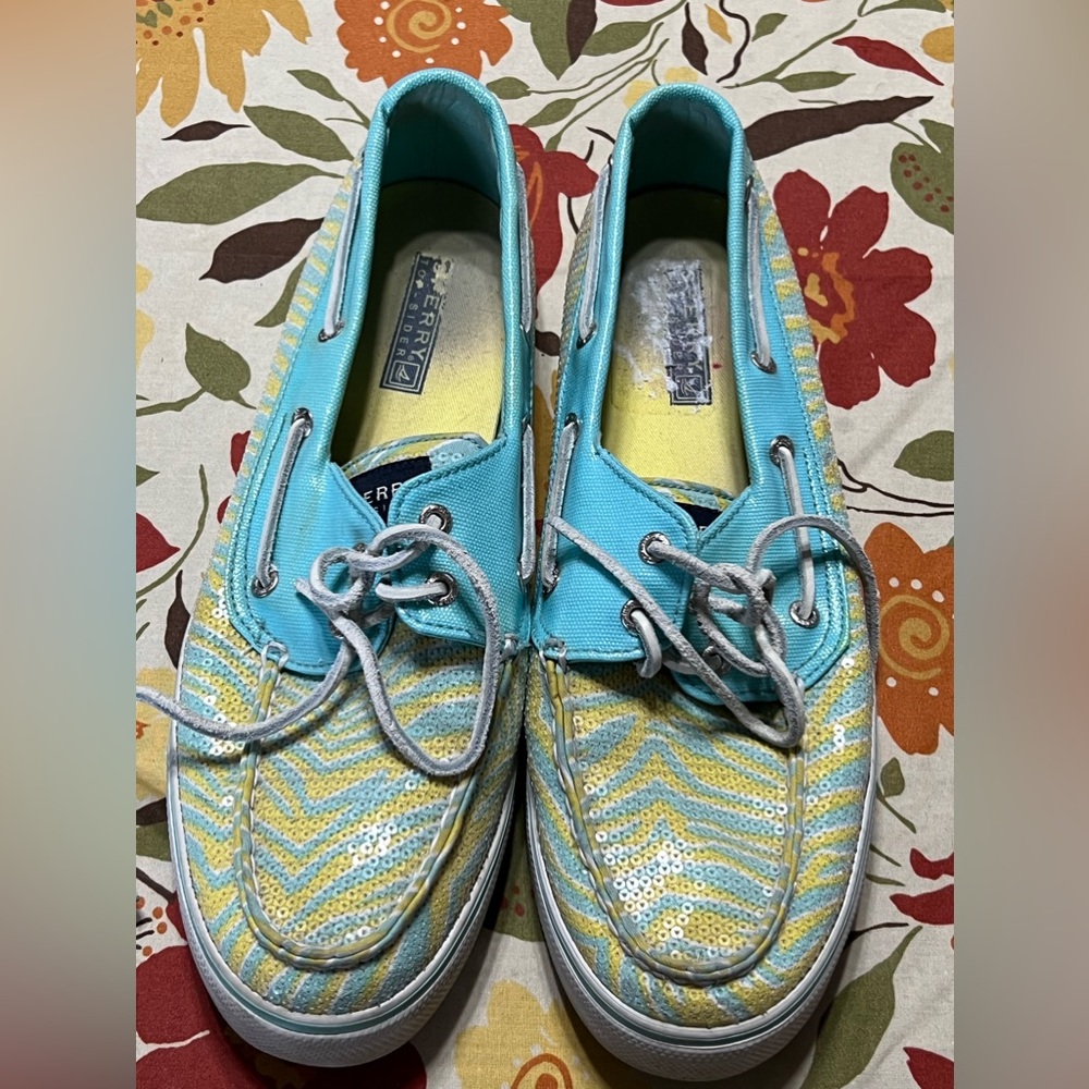 Sperry Top Sider Boat Shoes Womens 10M Sequin Zebra 9688912 Blue Yellow Low Top